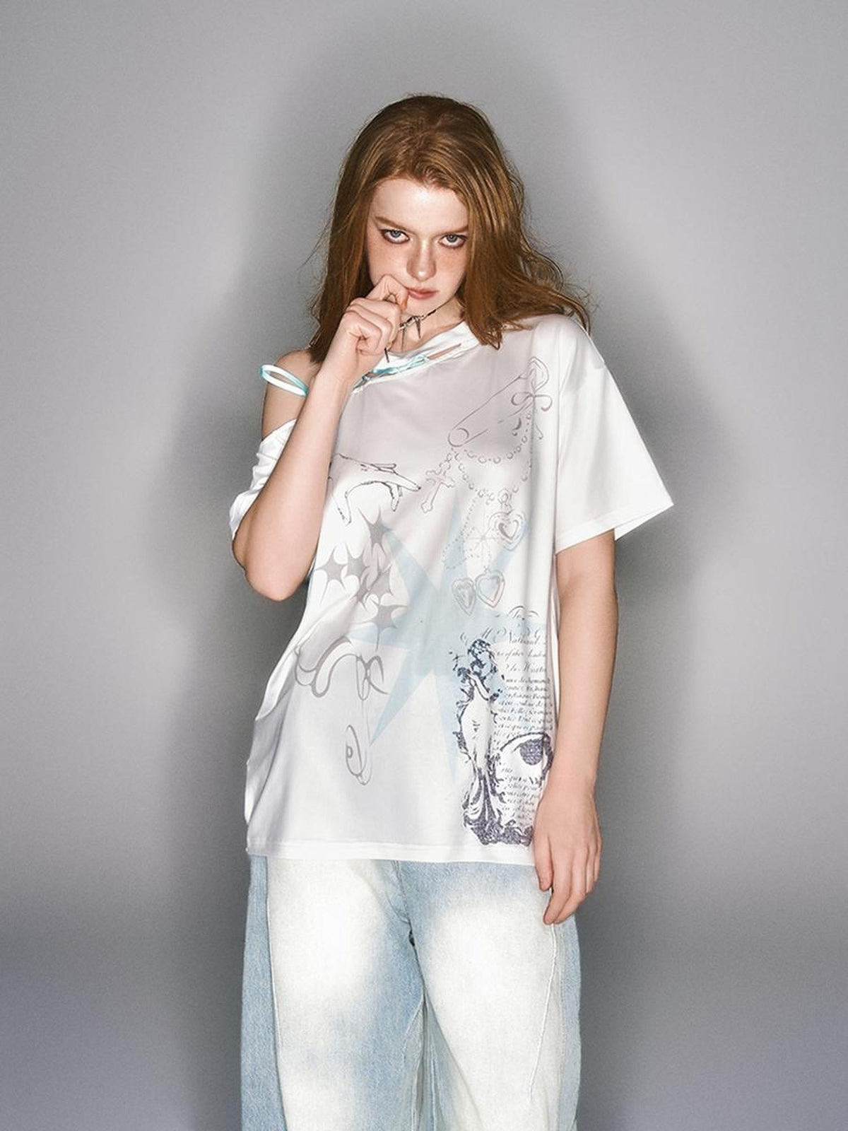 HEMOGLOBIN White Print Loose Lace-up Women&