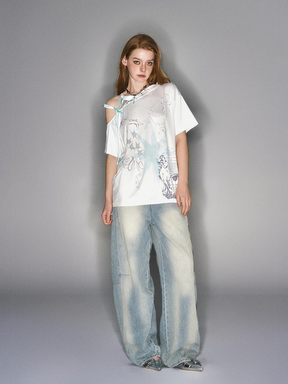 HEMOGLOBIN White Print Loose Lace-up Women&