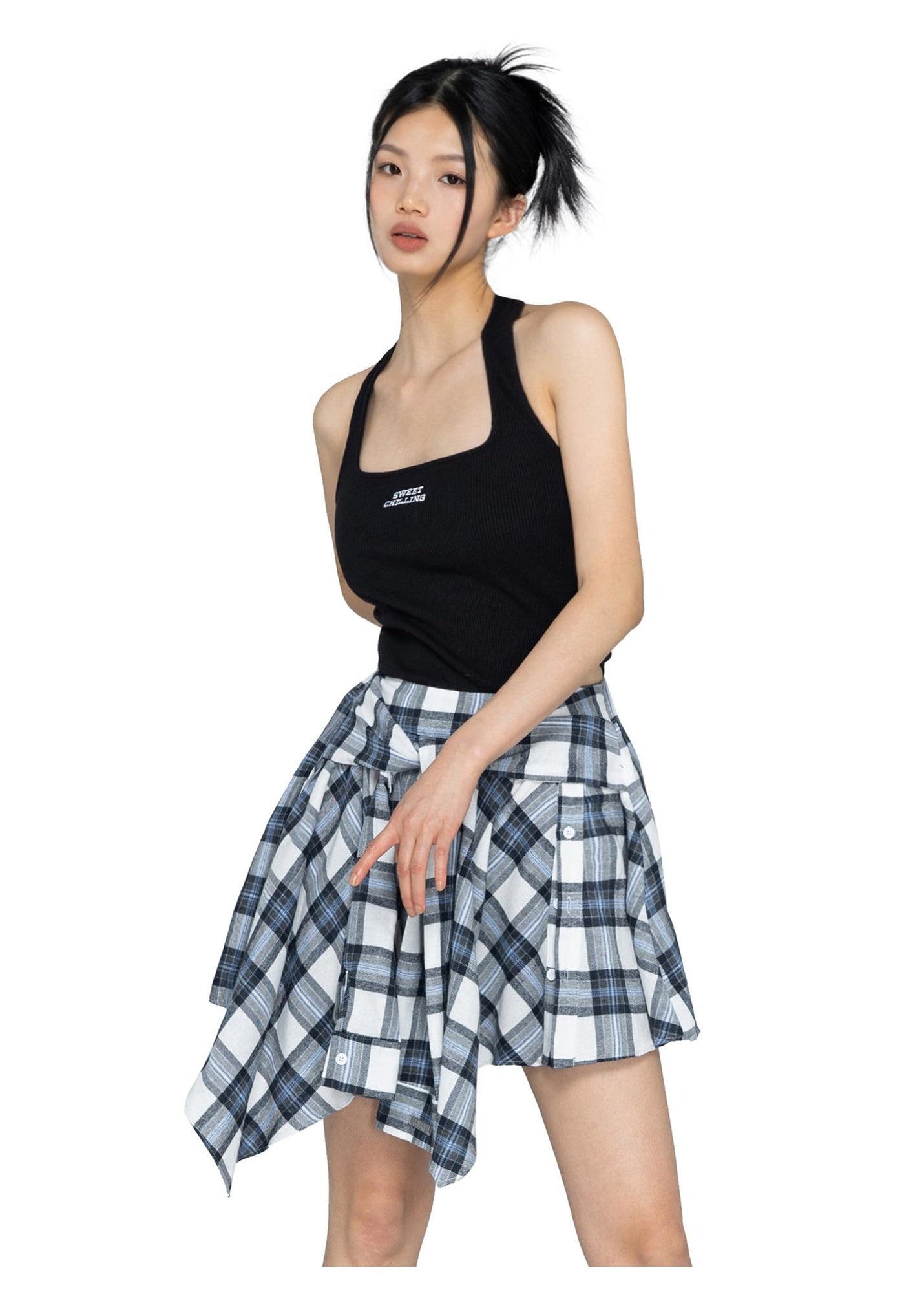 Halter Jumpsuit &amp; Plaid Skirt Set