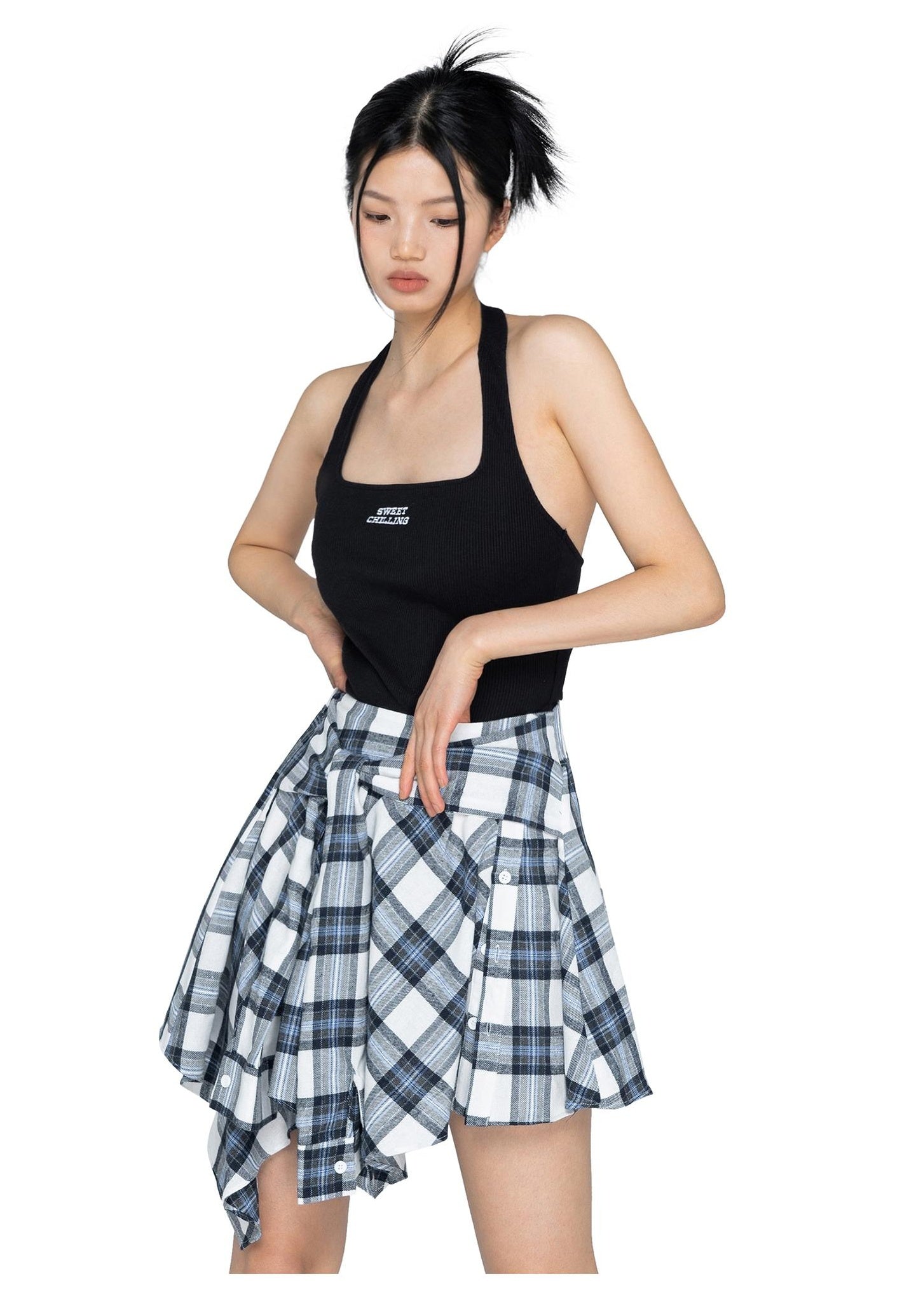 Halter Jumpsuit &amp; Plaid Skirt Set