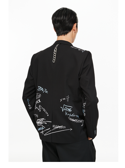 Hand-Drawn Doodle Print Double-Breasted Casual Blazer