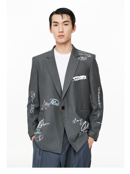 Hand-Drawn Doodle Print Double-Breasted Casual Blazer