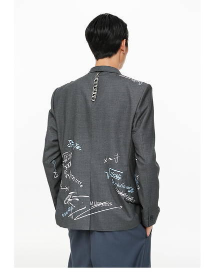 Hand-Drawn Doodle Print Double-Breasted Casual Blazer