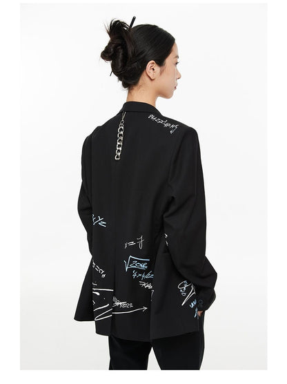 Hand-Drawn Doodle Print Double-Breasted Casual Blazer