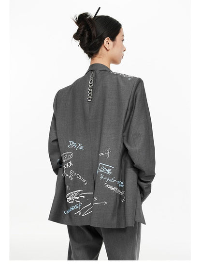 Hand-Drawn Doodle Print Double-Breasted Casual Blazer