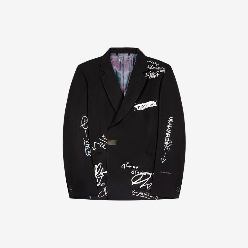 Hand-Drawn Doodle Print Double-Breasted Casual Blazer