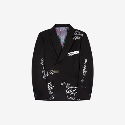 Hand-Drawn Doodle Print Double-Breasted Casual Blazer