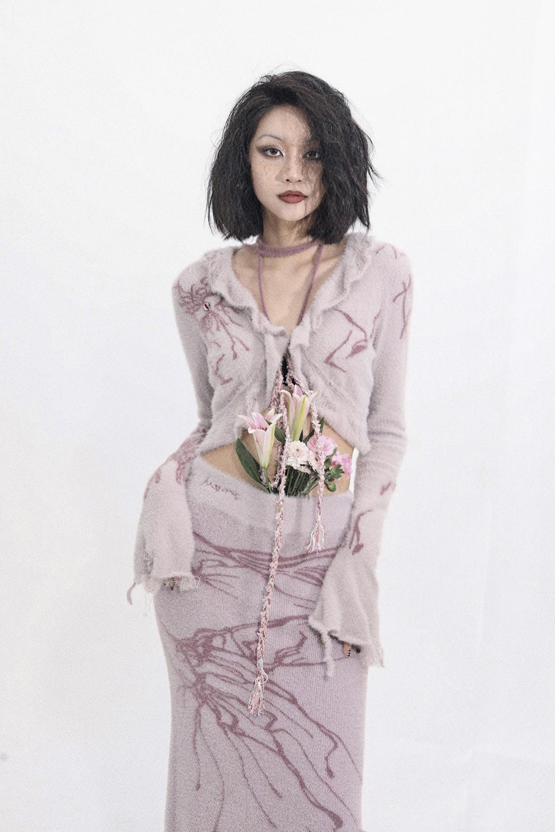 Flowers birds Market Hand-Painted Knitted Faux Mink Cardigan