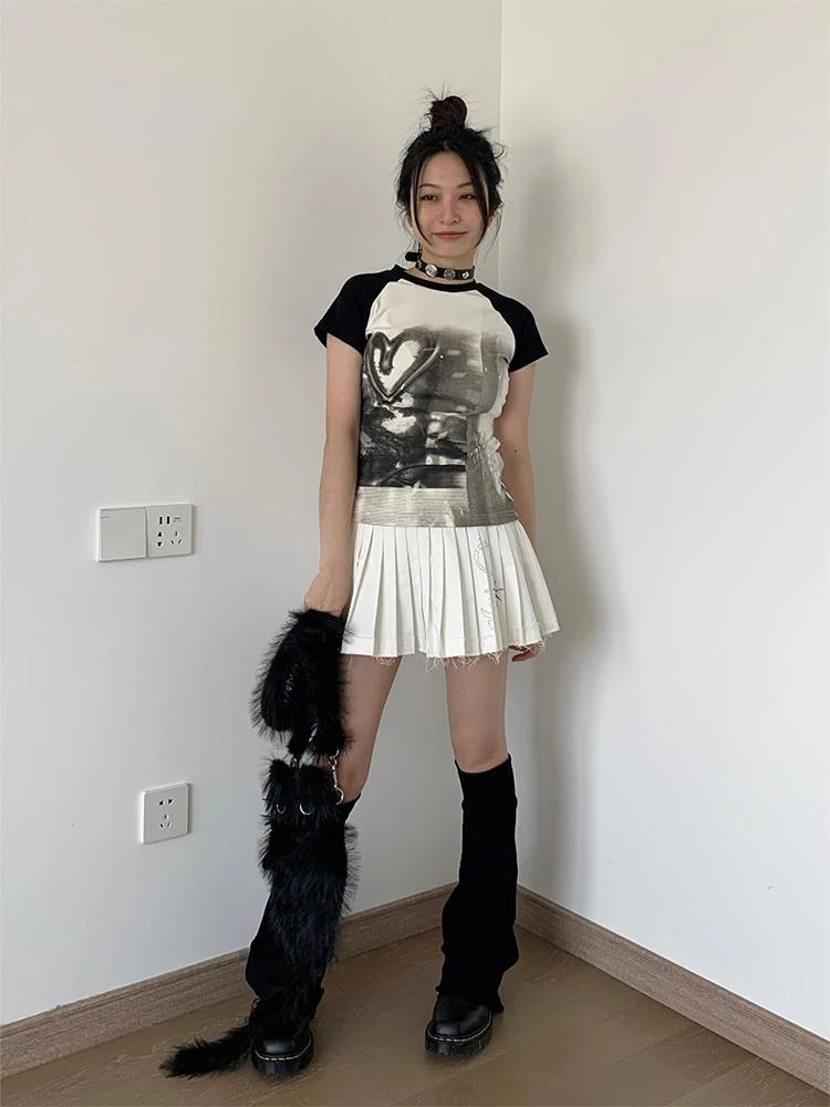Hand Drawn Black White Graphic Raglan Tee Casual T-Shirt