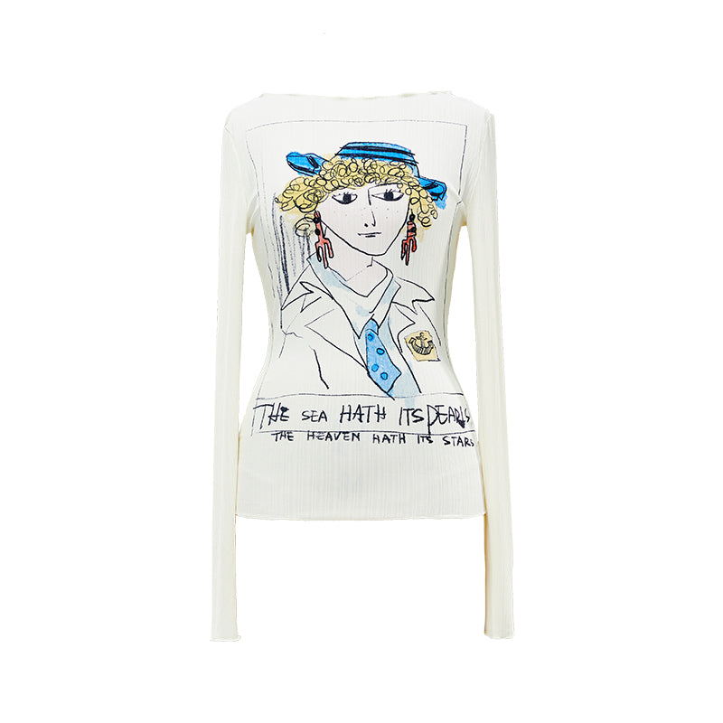 YOSHUYUKI Vintage Navy Art Print Knit Top
