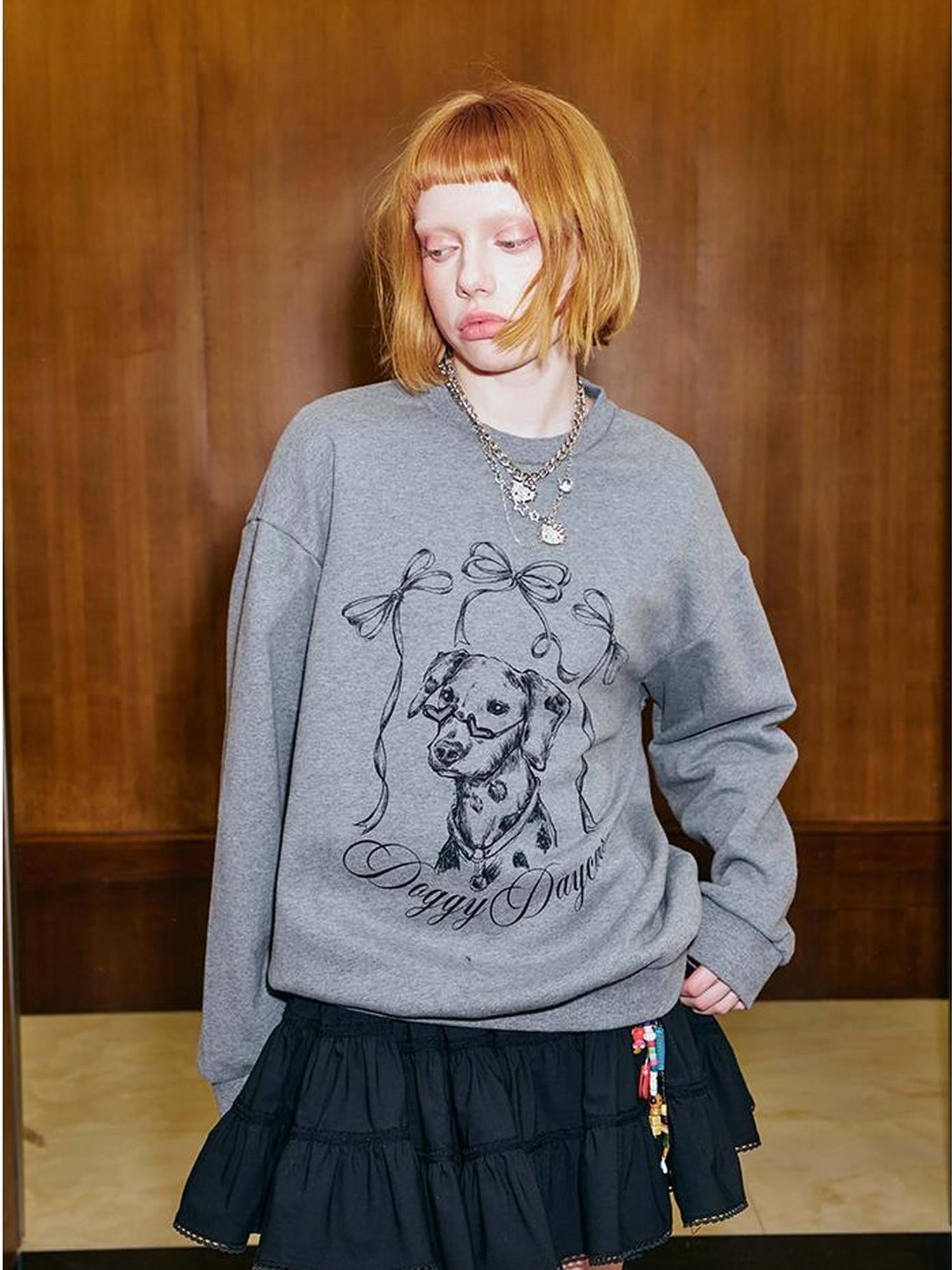 DIDDI MODA Hand Painted Bow Dalmatian Print Slim Fit Cotton Sweatshirt