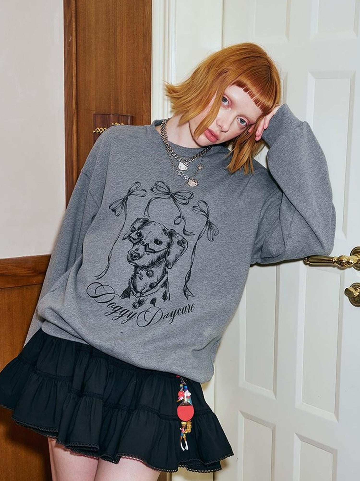 DIDDI MODA Hand Painted Bow Dalmatian Print Slim Fit Cotton Sweatshirt