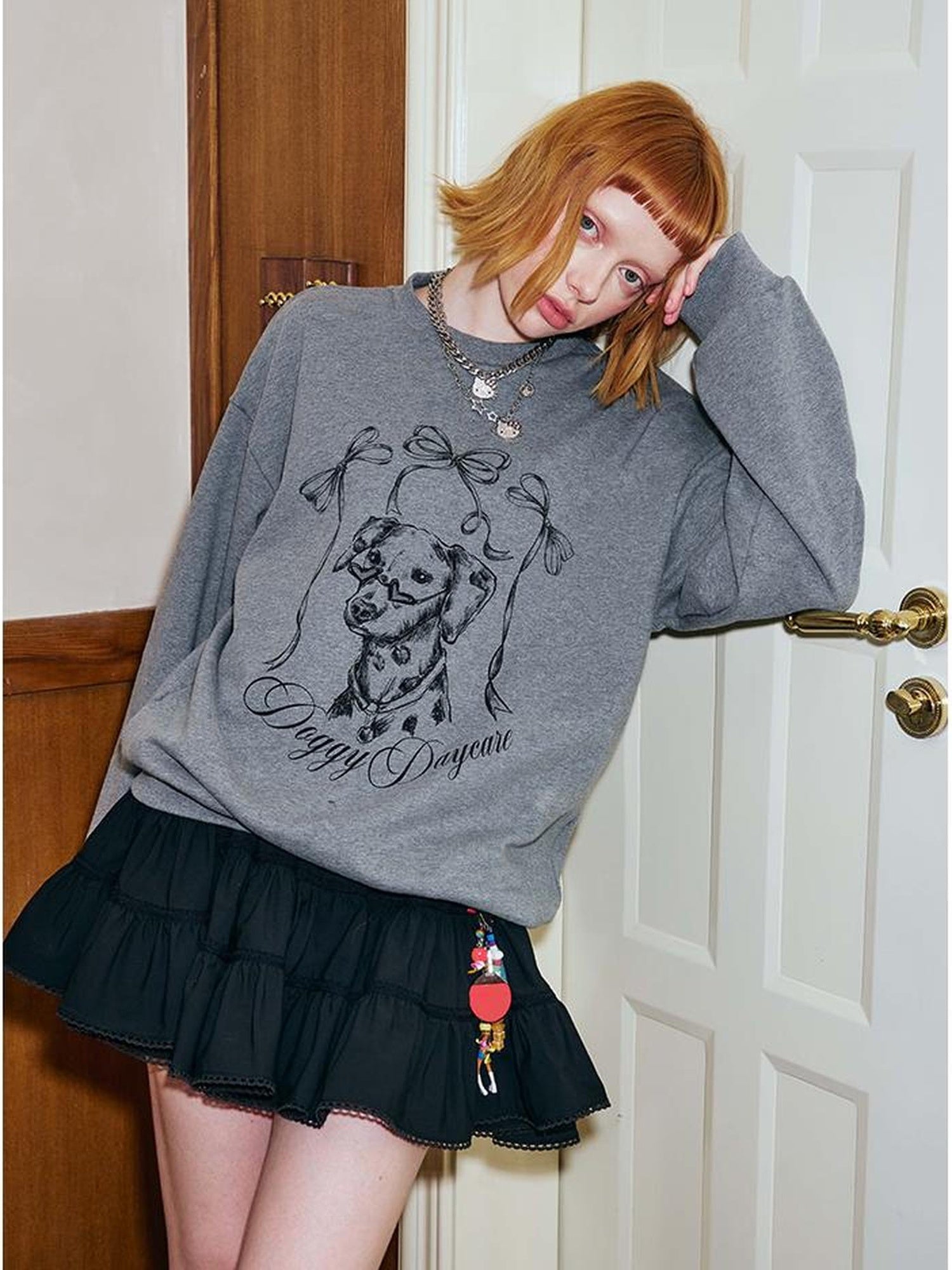 DIDDI MODA Hand Painted Bow Dalmatian Print Slim Fit Cotton Sweatshirt