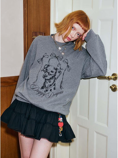 DIDDI MODA Hand Painted Bow Dalmatian Print Slim Fit Cotton Sweatshirt