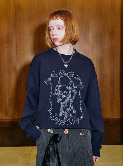 DIDDI MODA Hand Painted Bow Dalmatian Print Slim Fit Cotton Sweatshirt