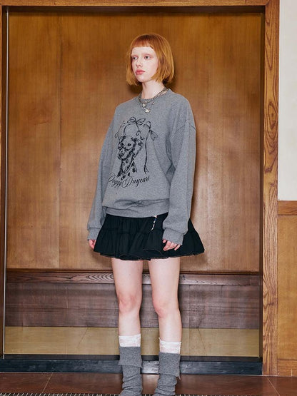 DIDDI MODA Hand Painted Bow Dalmatian Print Slim Fit Cotton Sweatshirt
