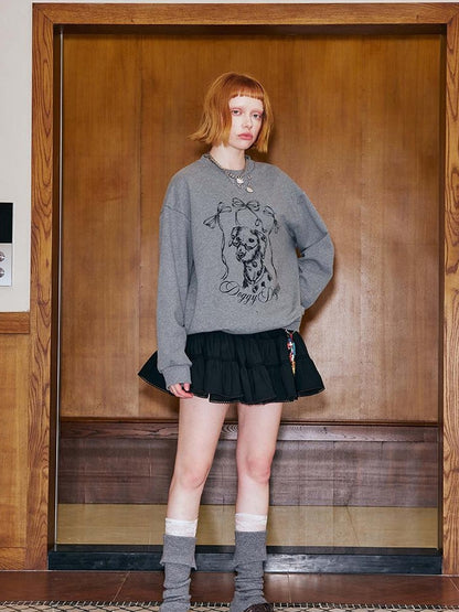 DIDDI MODA Hand Painted Bow Dalmatian Print Slim Fit Cotton Sweatshirt