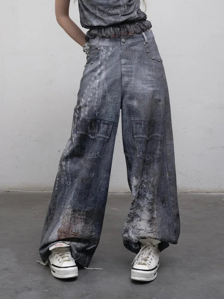 Hand Painted Digital Print Lace Loose Denim Wide Leg Pants