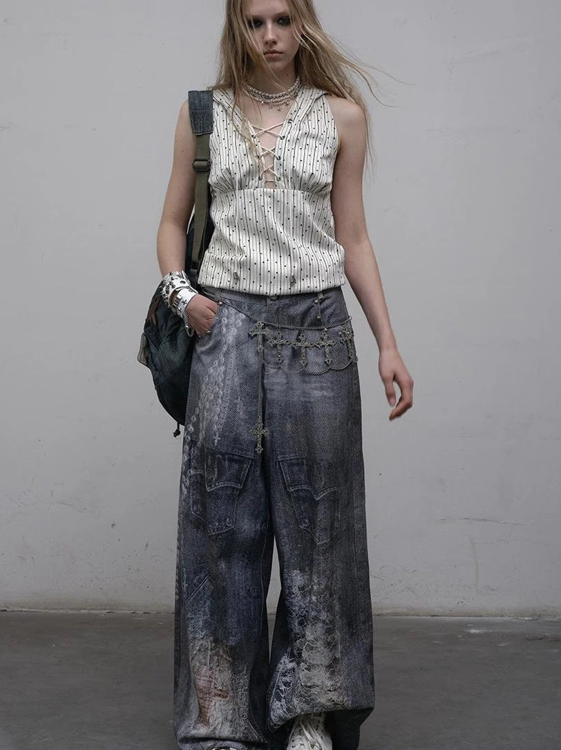 Hand Painted Digital Print Lace Loose Denim Wide Leg Pants