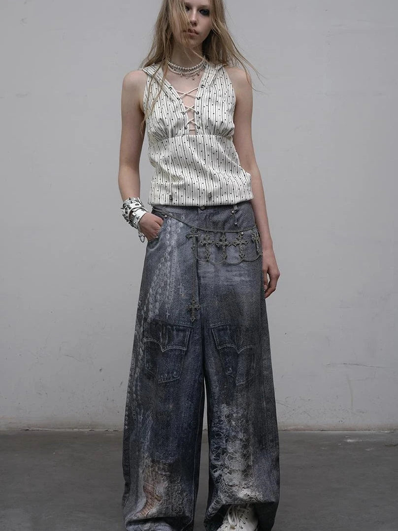Hand Painted Digital Print Lace Loose Denim Wide Leg Pants