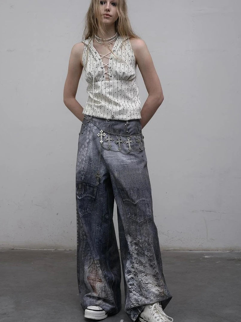 Hand Painted Digital Print Lace Loose Denim Wide Leg Pants