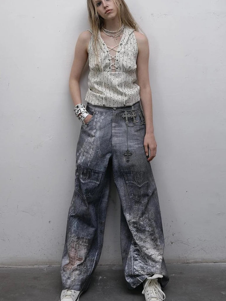 Hand Painted Digital Print Lace Loose Denim Wide Leg Pants