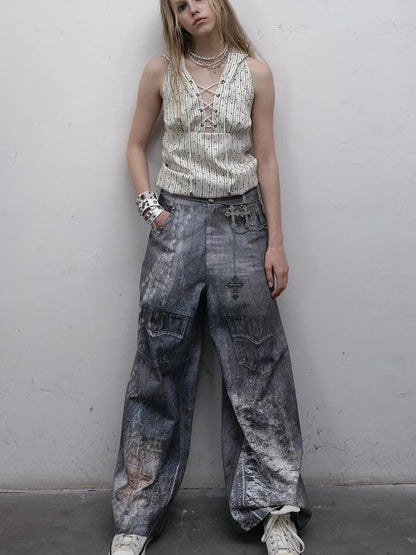 Hand Painted Digital Print Lace Loose Denim Wide Leg Pants