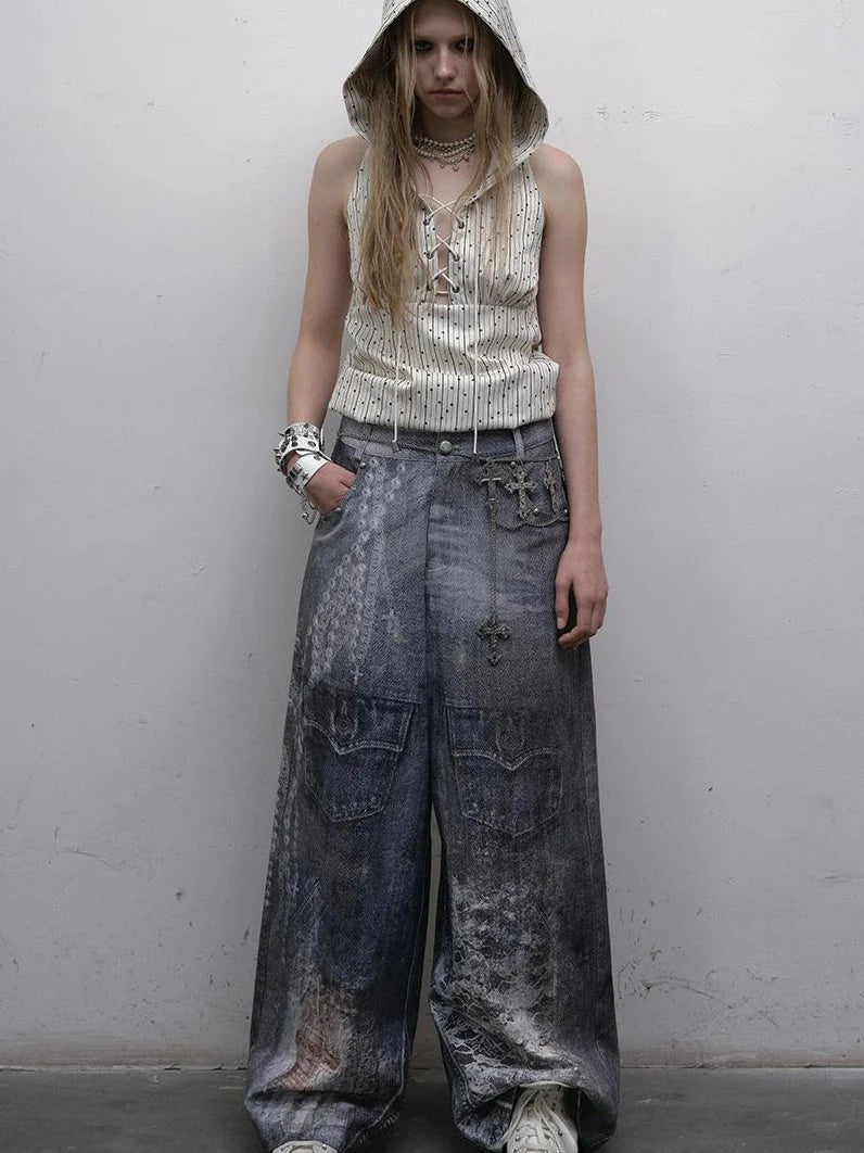 Hand Painted Digital Print Lace Loose Denim Wide Leg Pants