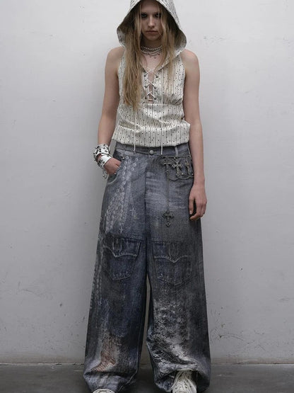 Hand Painted Digital Print Lace Loose Denim Wide Leg Pants