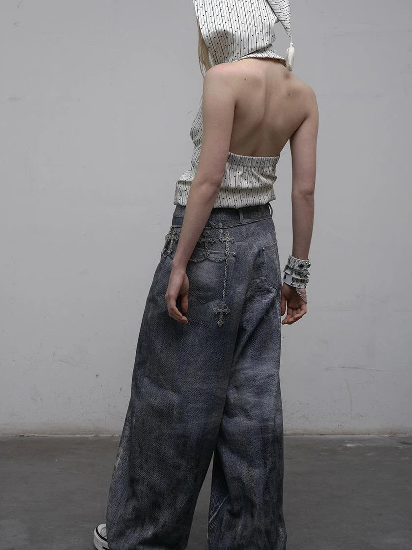 Hand Painted Digital Print Lace Loose Denim Wide Leg Pants