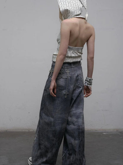 Hand Painted Digital Print Lace Loose Denim Wide Leg Pants