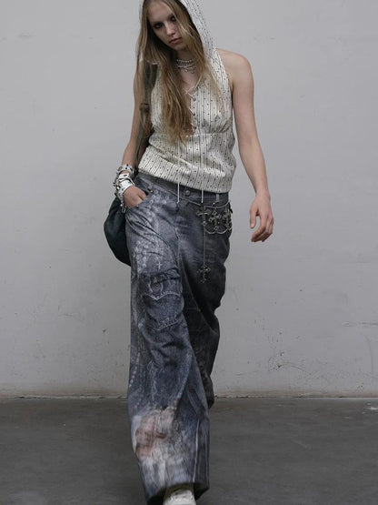 Hand Painted Digital Print Lace Loose Denim Wide Leg Pants