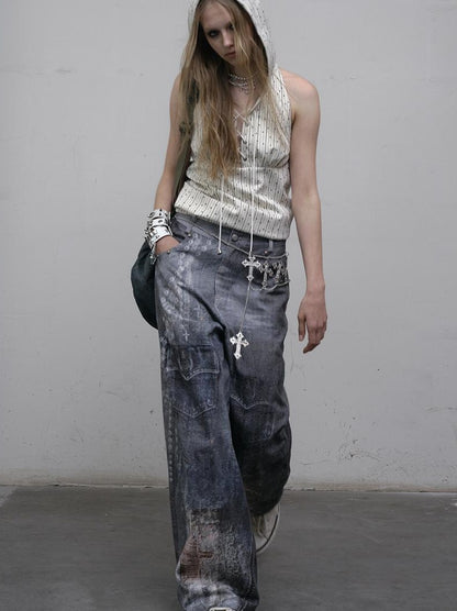 NO ROMANCE禁忌浪漫 Hand Painted Digital Print Lace Loose Denim Wide Leg Pants
