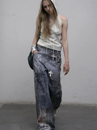 Hand Painted Digital Print Lace Loose Denim Wide Leg Pants
