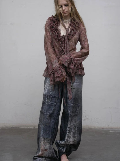 Hand Painted Digital Print Lace Loose Denim Wide Leg Pants