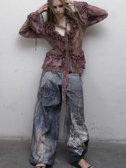 Hand Painted Digital Print Lace Loose Denim Wide Leg Pants