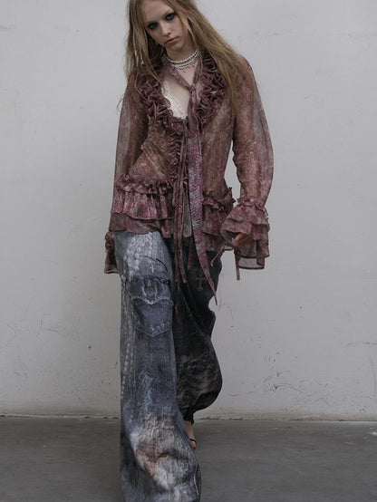 NO ROMANCE禁忌浪漫 Hand Painted Digital Print Lace Loose Denim Wide Leg Pants