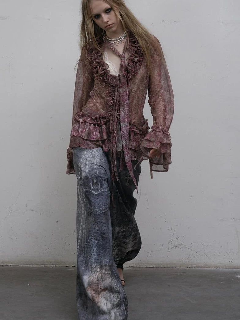 Hand Painted Digital Print Lace Loose Denim Wide Leg Pants