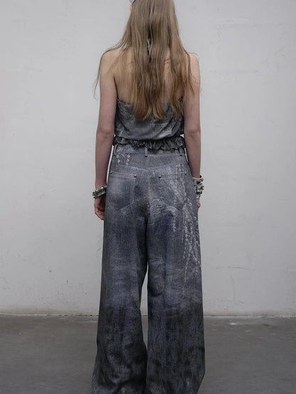 Hand Painted Digital Print Lace Loose Denim Wide Leg Pants