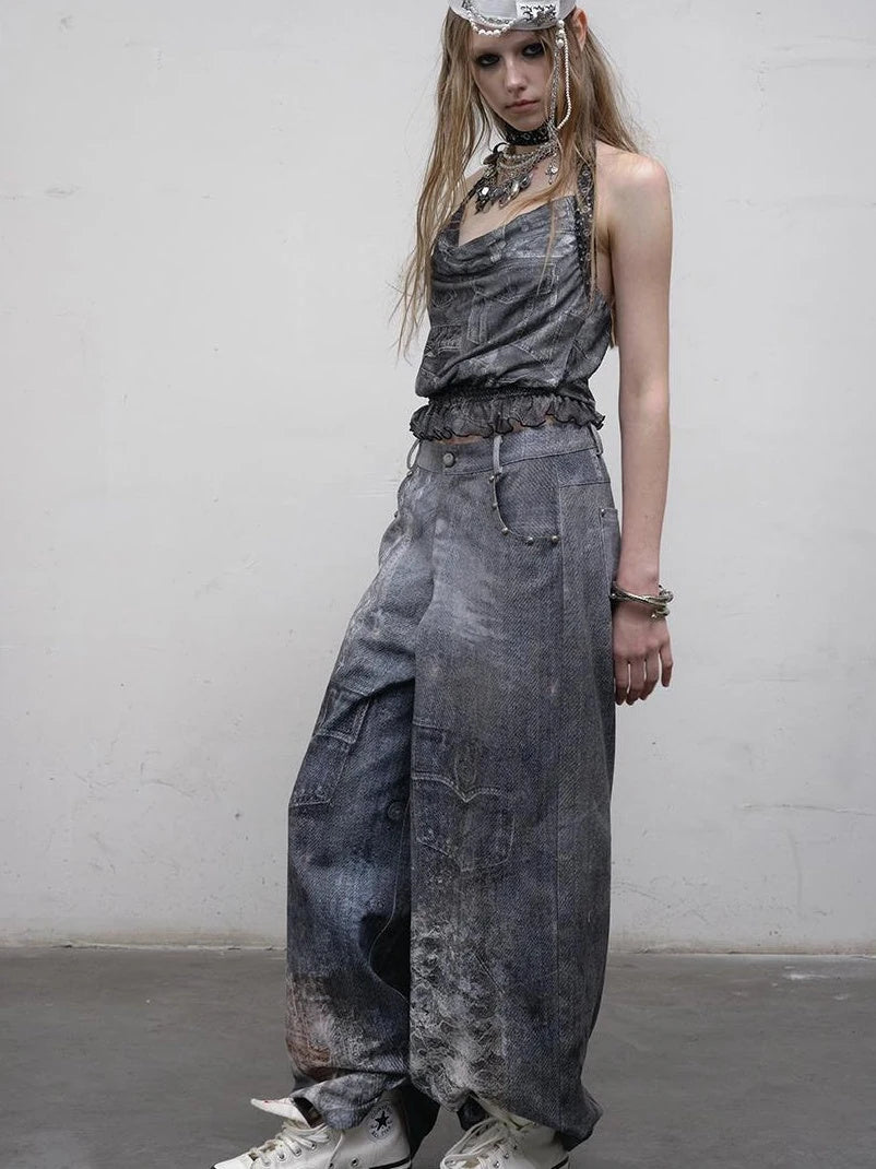 Hand Painted Digital Print Lace Loose Denim Wide Leg Pants