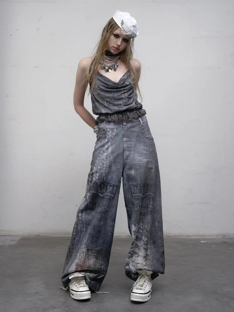 Hand Painted Digital Print Lace Loose Denim Wide Leg Pants