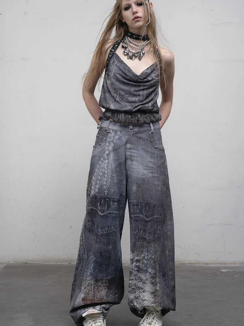 Hand Painted Digital Print Lace Loose Denim Wide Leg Pants