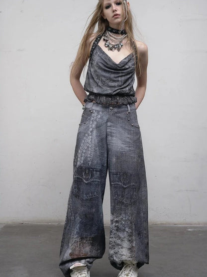 Hand Painted Digital Print Lace Loose Denim Wide Leg Pants