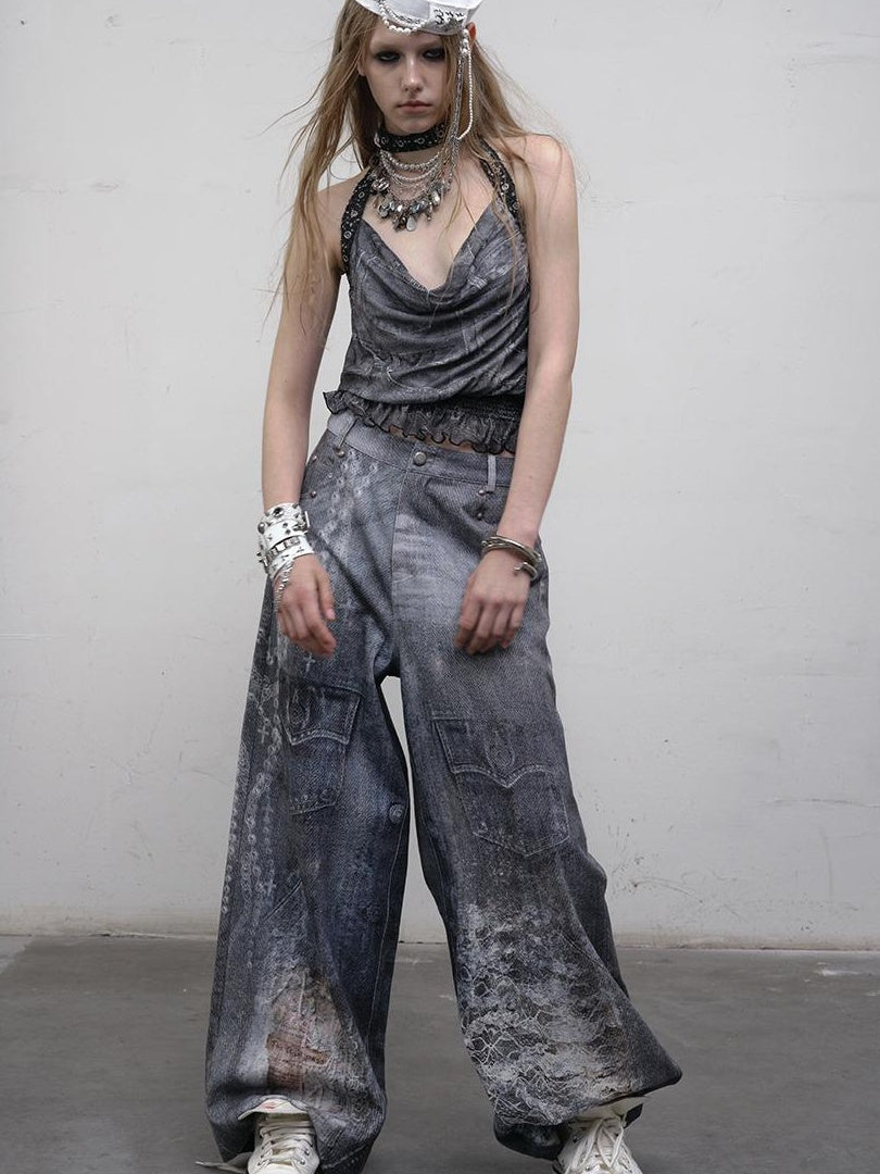 NO ROMANCE禁忌浪漫 Hand Painted Digital Print Lace Loose Denim Wide Leg Pants