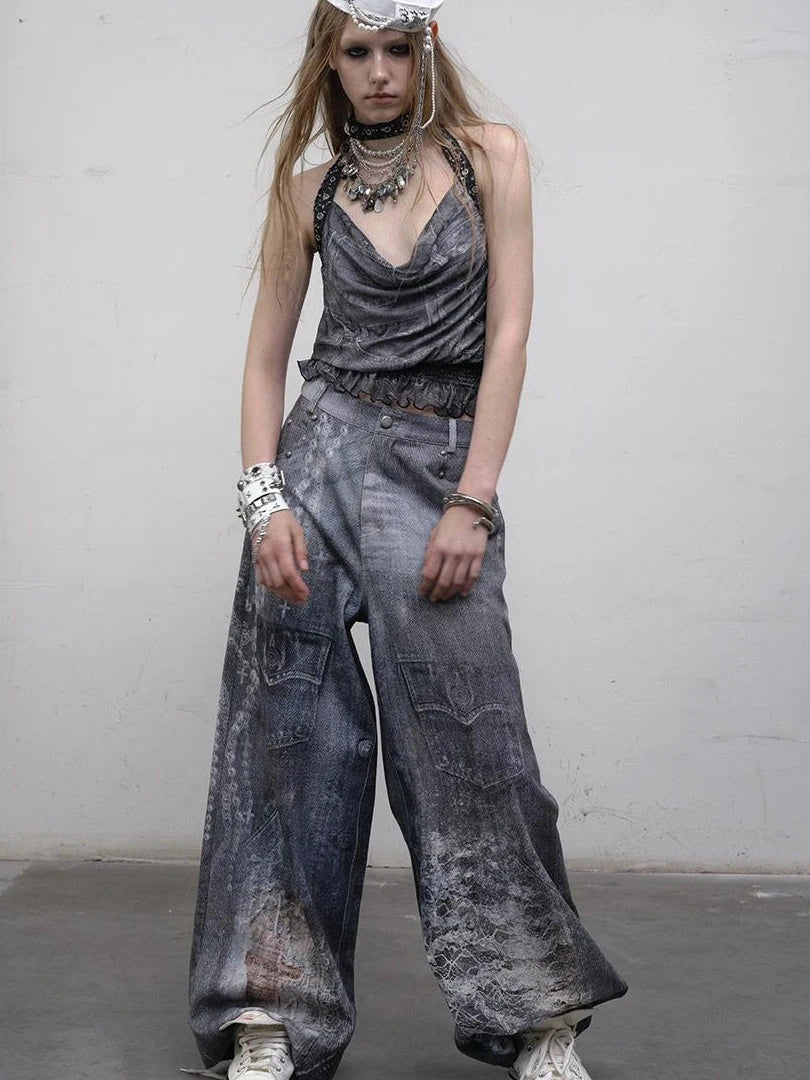 Hand Painted Digital Print Lace Loose Denim Wide Leg Pants