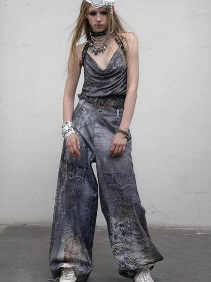 Hand Painted Digital Print Lace Loose Denim Wide Leg Pants