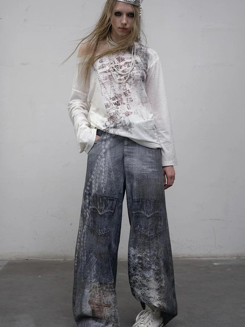 Hand Painted Digital Print Lace Loose Denim Wide Leg Pants