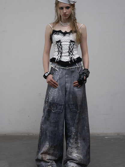 NO ROMANCE禁忌浪漫 Hand Painted Digital Print Lace Loose Denim Wide Leg Pants