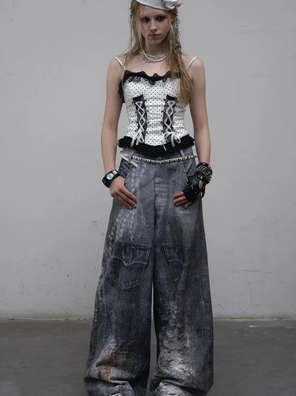 Hand Painted Digital Print Lace Loose Denim Wide Leg Pants