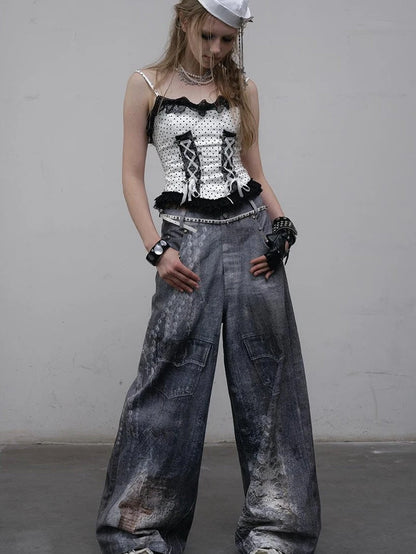 Hand Painted Digital Print Lace Loose Denim Wide Leg Pants